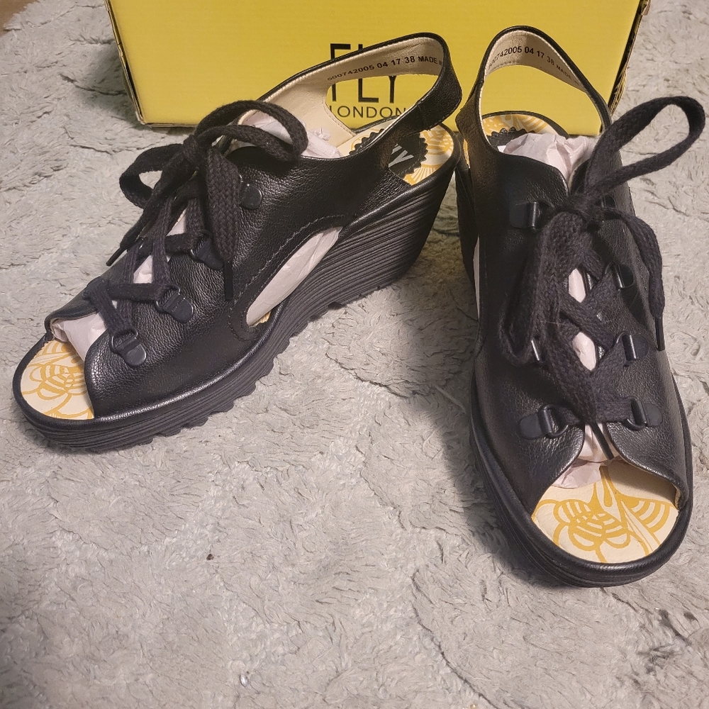Fly London Mousse Lace Up Black Wedge Sandals - New In Box